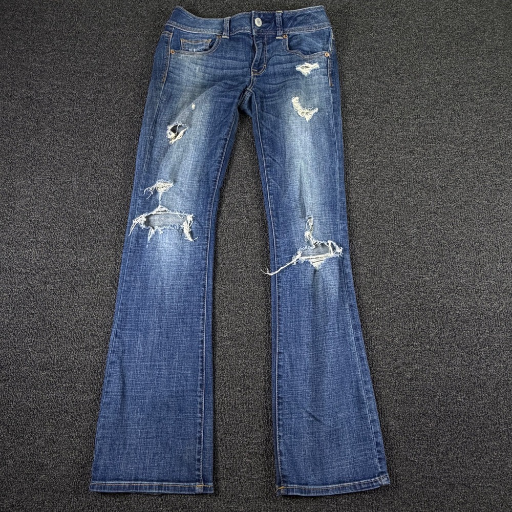 American Eagle Jeans Womens 4 Kick Boot Super Stretch Blue Distressed EUC